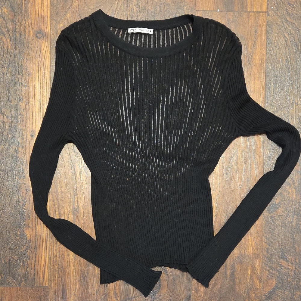 Zara Black Ribbed Sheer Crewneck Sweater